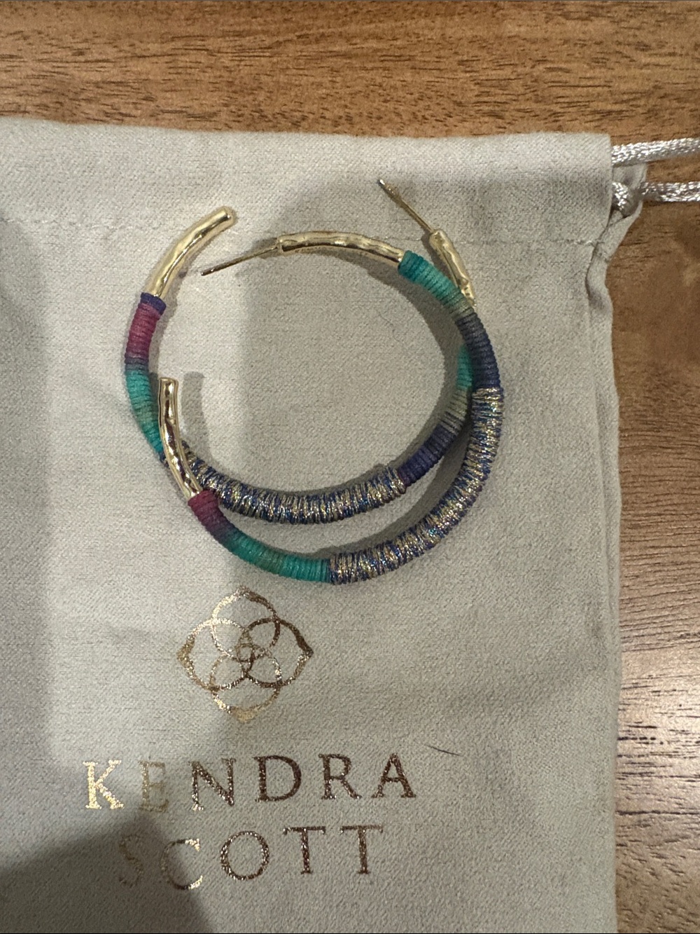 Kendra Scott Gold Hoop Earrings with Teal, Navy, Purple, Magenta Thread